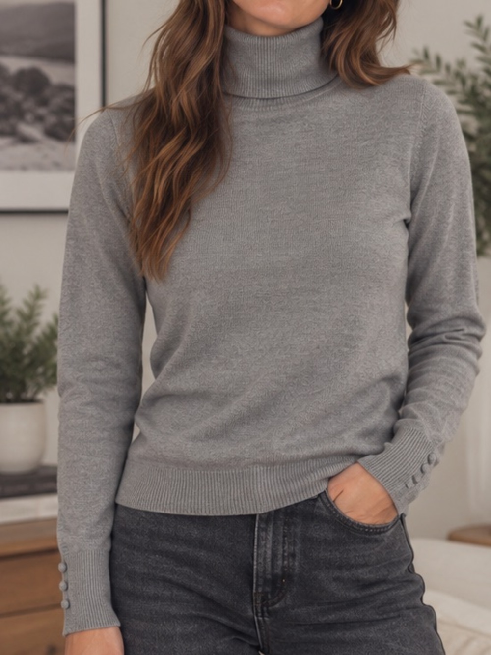 Spense Knits gray, long sleeve, knit turtleneck with cuff, buttons, size, XL